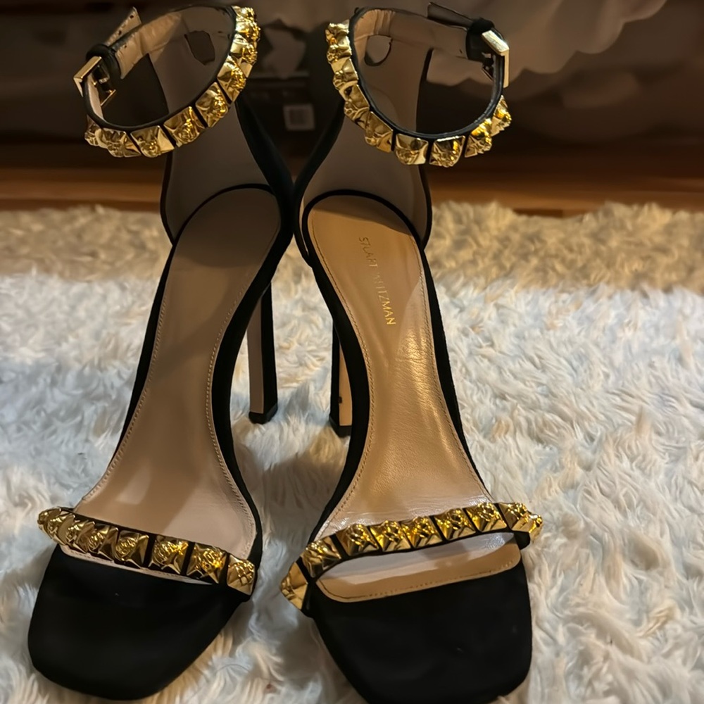 Stuart Weitzman Black Suede & Gold Strappy Excellent condition.  No box.